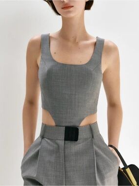BEVZA Grey Corset Top | Designer Cropped Structured Top | High Fashion Piece